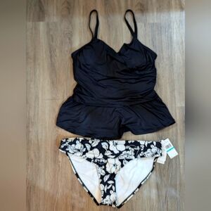 Jantzen Black Tankini Top with Black & White Floral Bikini Bottoms